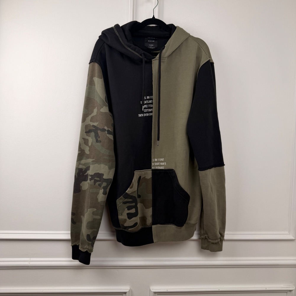 10 Deep Mens Hoodie Camo Colorblock Deconstructed Sweatshirt Olive Black‎ Medium